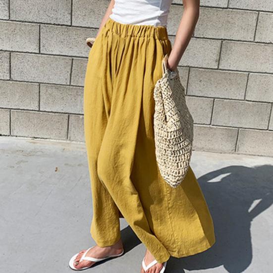 Women Pants Solid Color Side Pockets Temperament Elastic Waist Wide Leg Trousers Streetwear