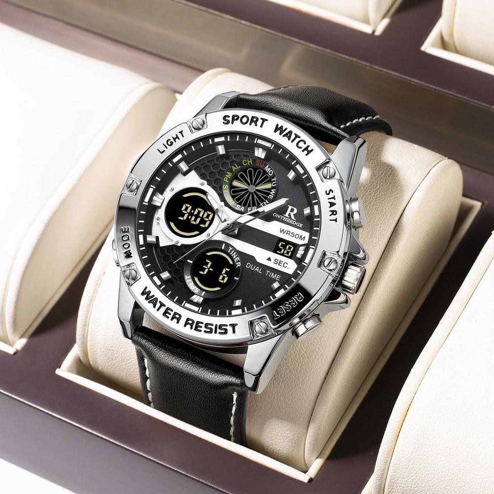 R ONTHEEDGE Men’s Analog Digital Quartz Watch Silver Waterproof 5 ATM Luminous Hands Leather Band Multi-function Date Stopwatch Alarm Dual Time