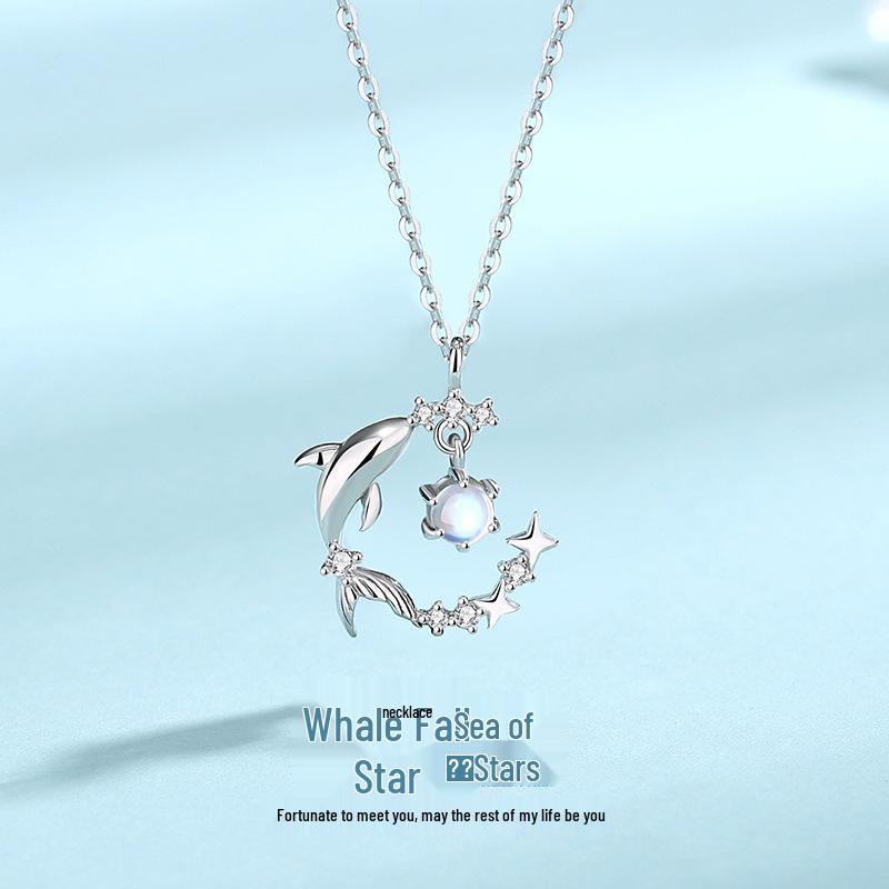 

Whale Fall Starry Sea Necklace: S999 Silver Moonstone Imitation, Unique Whale Clavicle Chain - Perfect Gift for Her Pure Silver