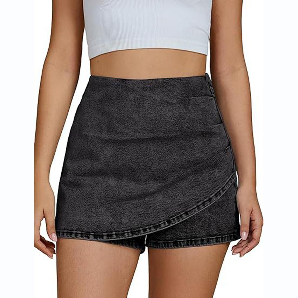 High Waist Denim Skort for Women Casual Asymmetric Wrap Front Design Comfortable Stretchy Fabric Shorts Skirt