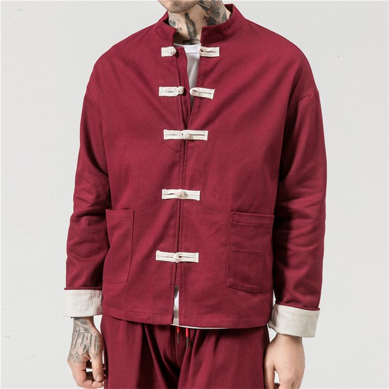 Collar Buckle Jacket Oriental Cotton Kung Fu Shirt Men Casual Shirt Stand Collar Long Sleeve Tops Chinese Traditional Retro Coat