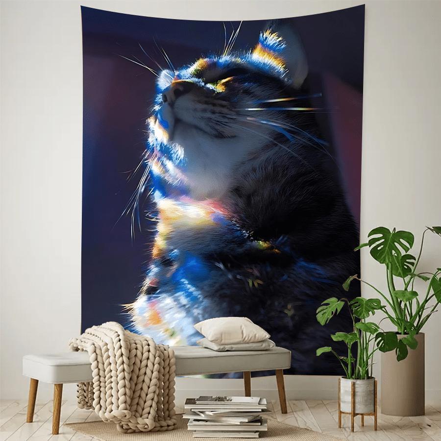 Iridescent Cat Tapestry Vibrant Feline Wall Art for Bedroom or Living Room Large Decorative Hanging Add Magical Glow