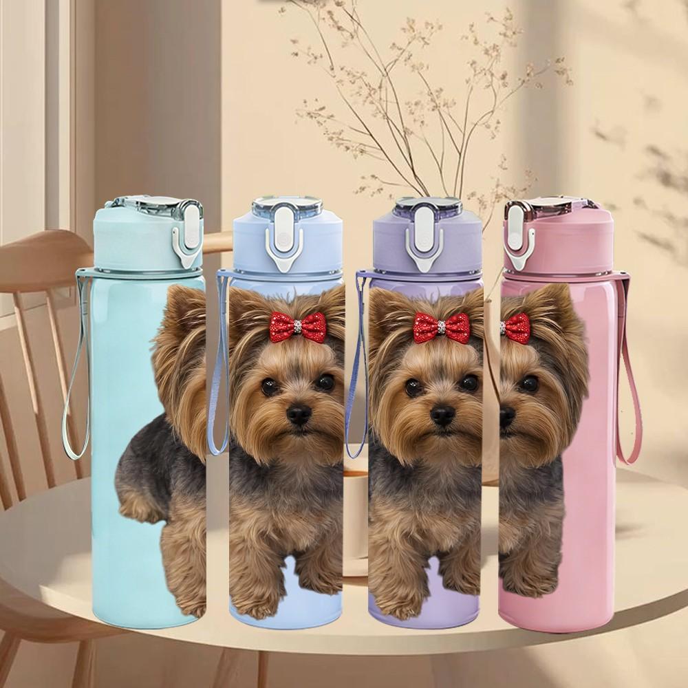 1PC Yorkie Puppy With Red Hair Bow 750ml Color Plastic Sports Water Bottle Leakproof Flip Straw Lid Suitable for Sports Office Home Use