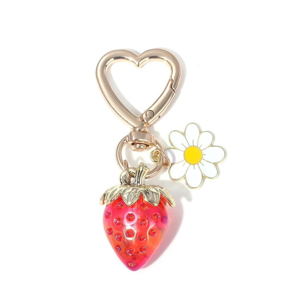 Peach Heart Strawberry Flower Keychain - Heart-Shaped Bag or Car Pendant
