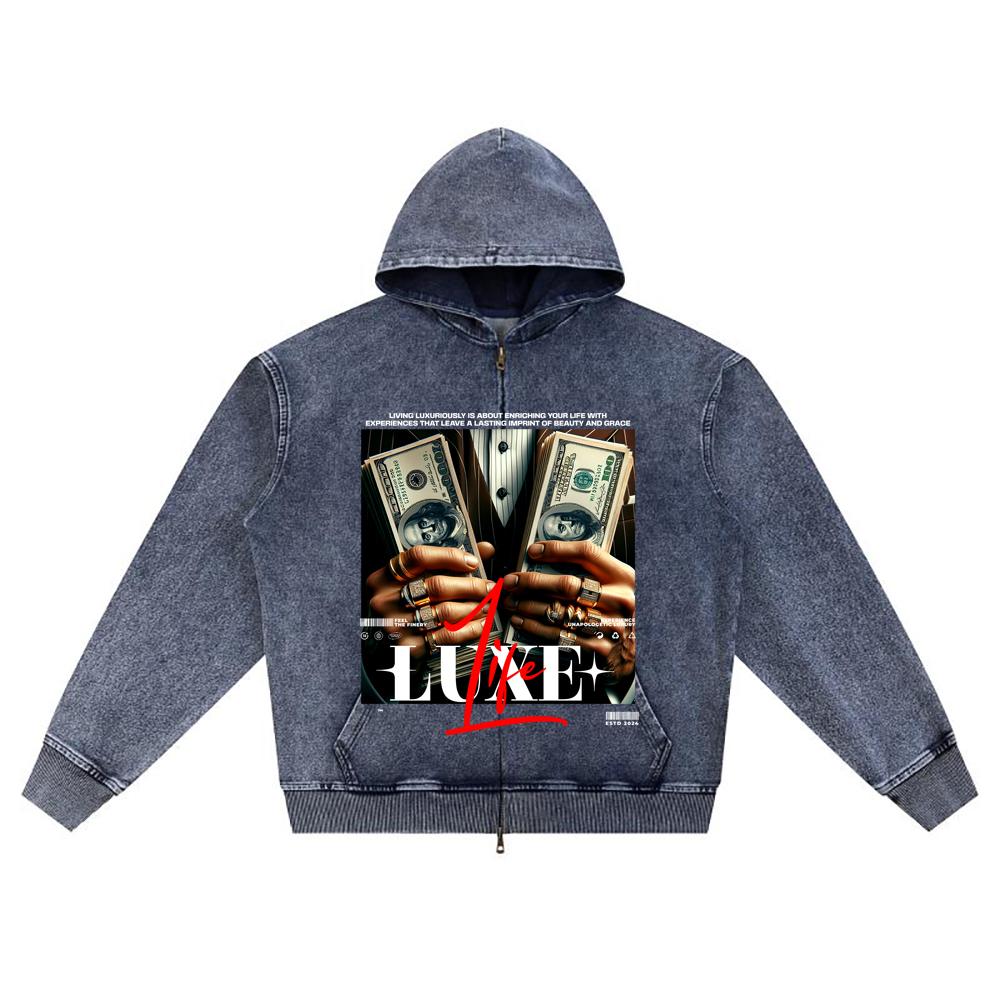 DTG print Knitted Denim Zip-Up Hoodie Luxe Life Brother Print Zipper Hoodies  