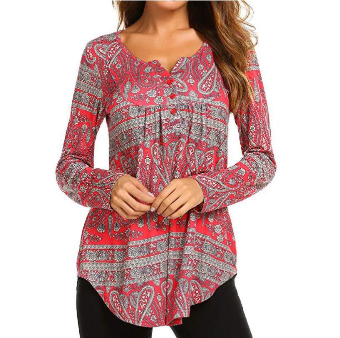 Vintage Print Long Sleeve for Women V-neck Button Down High Waist Irregular Long Sleeve Shirt Breathable Lightweight Soft Comfortable Work Top