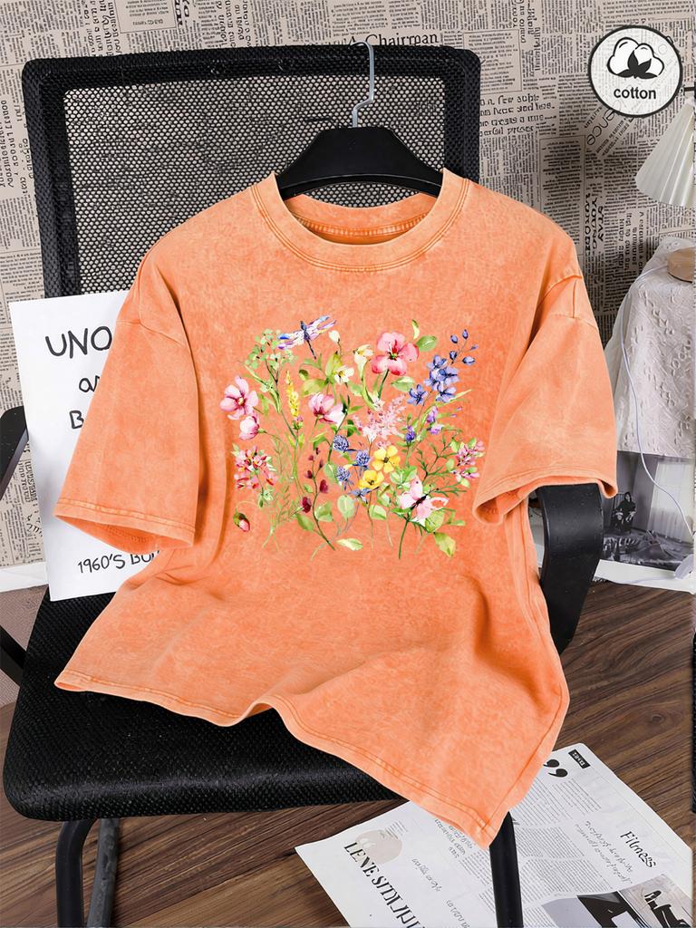 Beautiful Flowers Dragonflies Print Washed TShirts Womens Cotton Oversize T Shirt Summer Short Sleeve Tops Basic ONeck Clothes