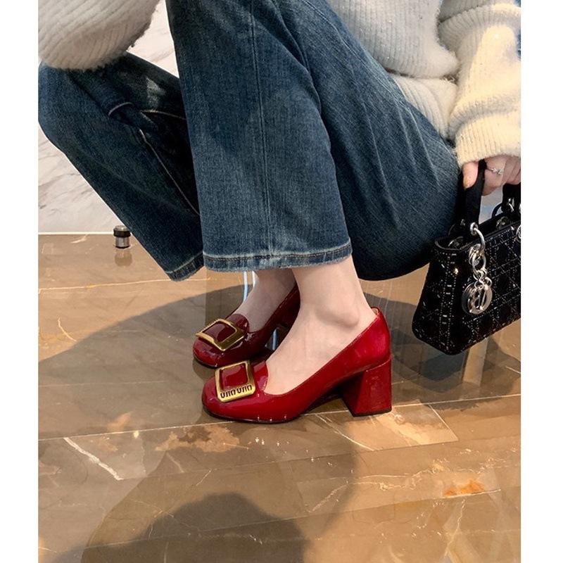 

Метод овчины~ стиль круглый носок квадратная пряжка высокие каблуки женские туфли-лодочки на толстом каблуке кожаные туфли универсальные туфли Мэри Джейн 34