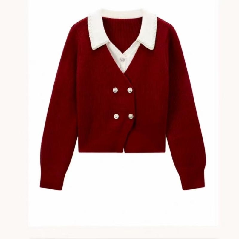 Gray fake two-piece sweater women's autumn and winter new small beaded lapel long-sleeved knitted sweater top