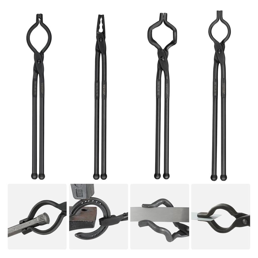 Blacksmith Tongs, 18” 4 PCS, V-Bit Bolt Tongs, Wolf Jaw Tongs, Z V-Bit Tongs and Gripping Tongs, Carbon Steel Forge Tongs with A3 Steel Rivets, for