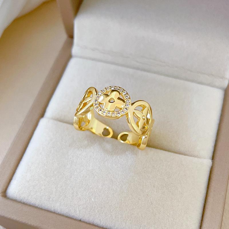Real Gold Copper Coin Four-Leaf Flower Ring Opening Adjustable Light Luxury Jewelry Japanese Ring Couple Ring