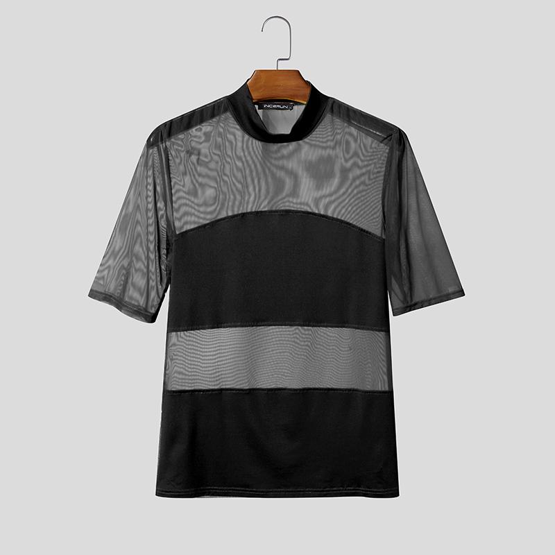 INCERUN Summer Men O Neck Short Sleeve Mesh See Through Patchwork T-shirts Tops S чёрный