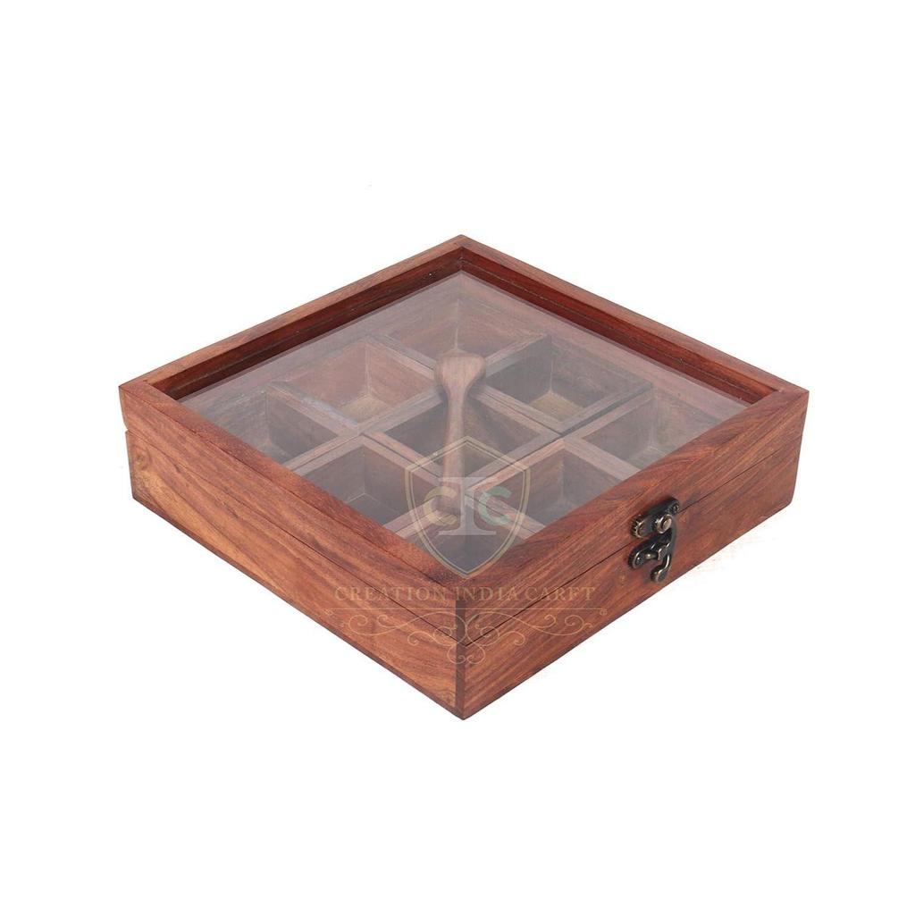 Wooden Spice Box With Spoon Container For Kitchen Masala