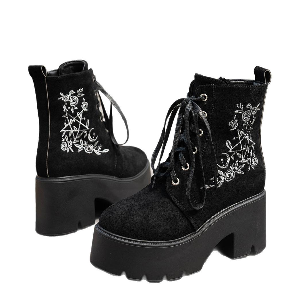Winter European and American front lace-up boots, embroidered, side zipper thick-soled Martin boots