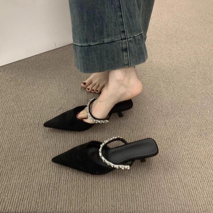 French high-end rhinestone word with bag head half slippers women wear pointed high-heeled Mueller shoes