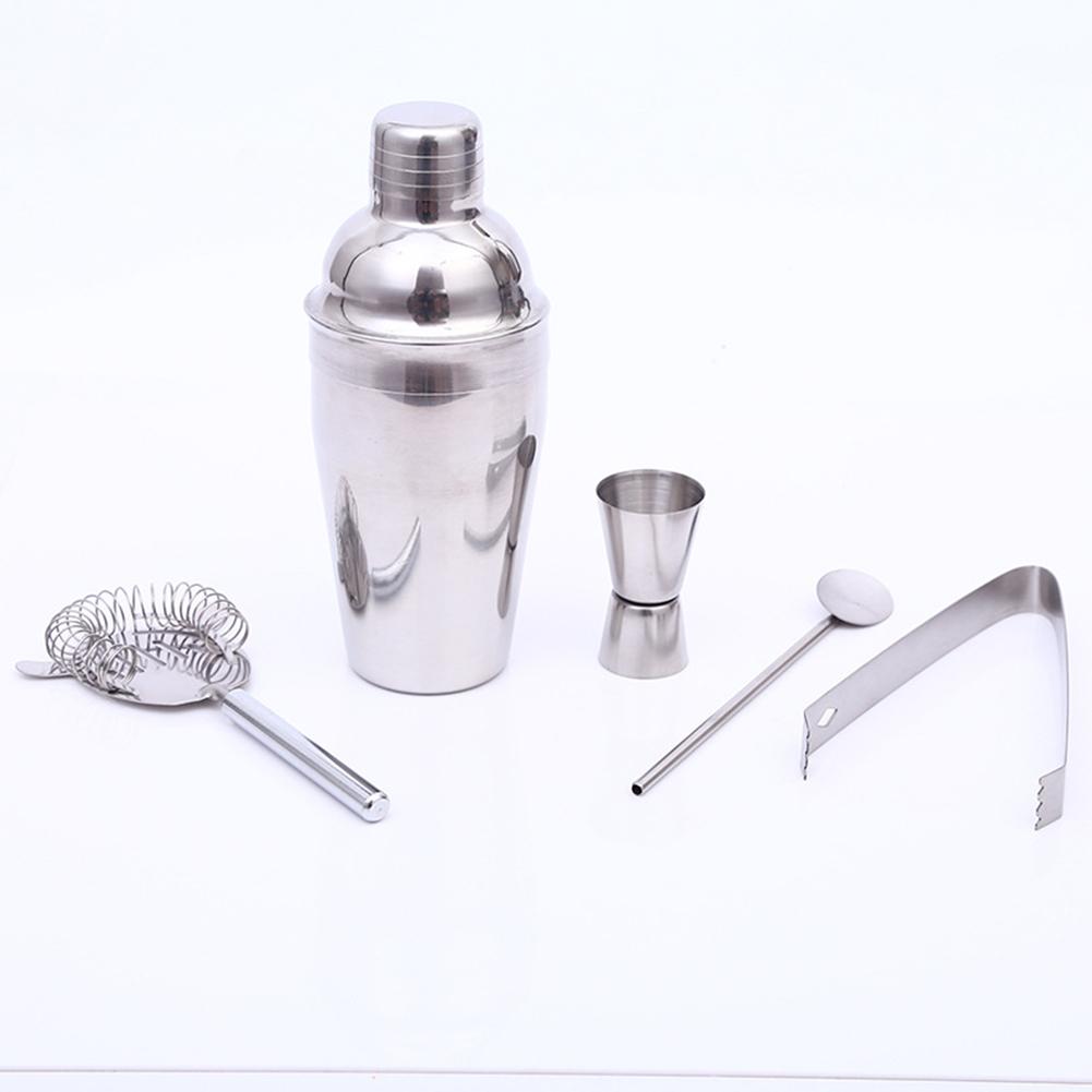 5 Pcs/set Stainless Steel Cocktail Shaker Set Shaker Mixing Spoon Ice Forceps Filter Measuring Cup Reusable Professional Bartending Tool
