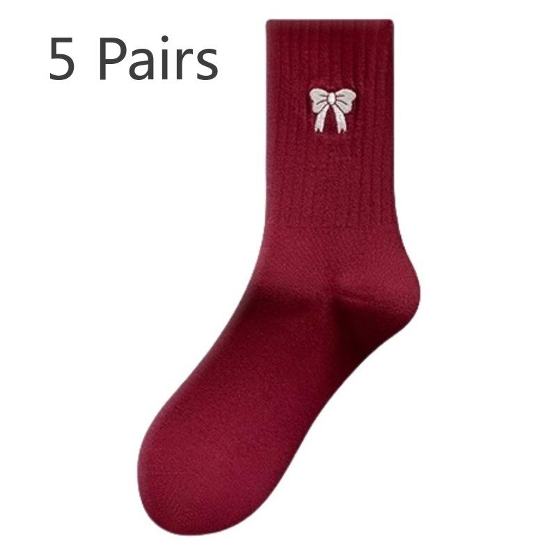 

5 пар женских весенне-осенних носков из чистого хлопка с полосатым ворсом и бантом 5 Pairs красный