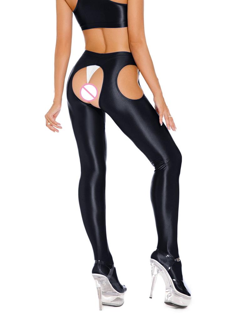 Sexy Satin Oil Shiny Pencil Pants Elastic Hollow Out Tight Sheer See Through Leggings Dance Candy Color Leotard Crotchless