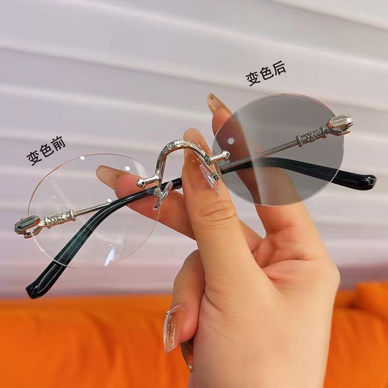 Korean Style Photochromic Frameless Prescription Glasses – High-end, Small Frame, Blue Light Blocking, Pure Desire for Hot Girl Look.