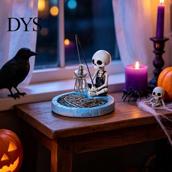 Funny Halloween Decorations Fishing Skeleton Magnetic Paperclip Holder, Skull Office Supplies Organizer Dark Humor with Storage Tray, Resin