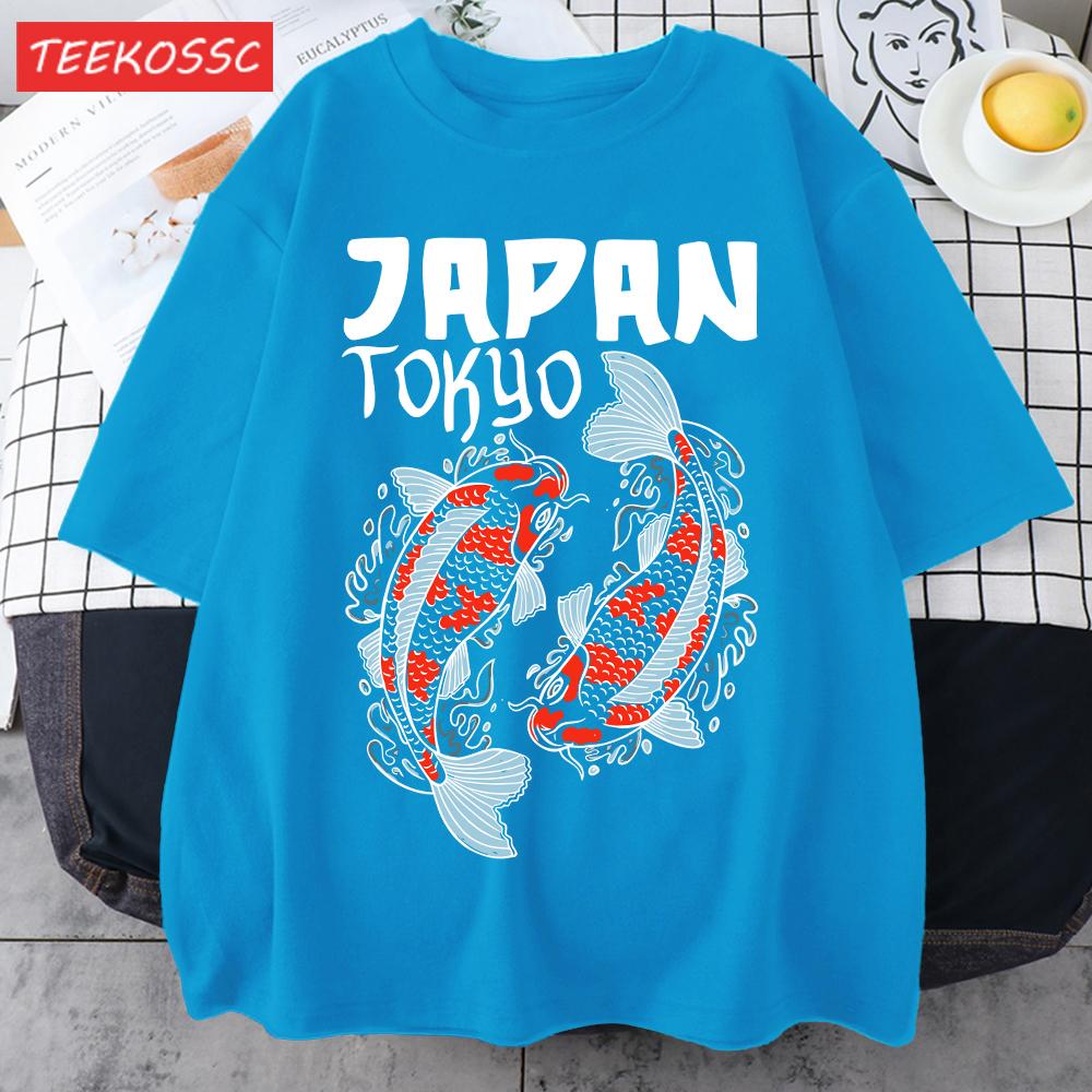 Harajuku Japan Tokyo Koi Print Man TShirt Summer New Loose Short Sleeve ONeck Cotton T Shirts Trendy Unisex AllMatch Clothes