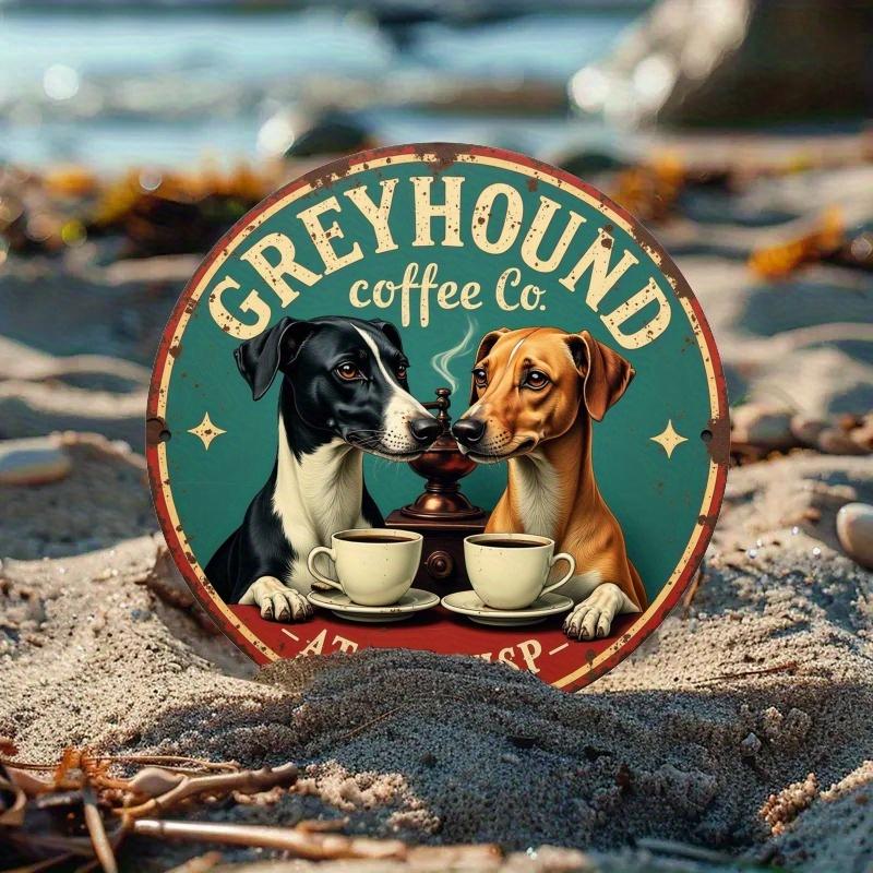 2d Flat 20*20cm, Retro Greyhound Coffee Company Circular Wooden Logo, Retro Wall Decoration with Dog and Coffee Design, Rustic Blue Background