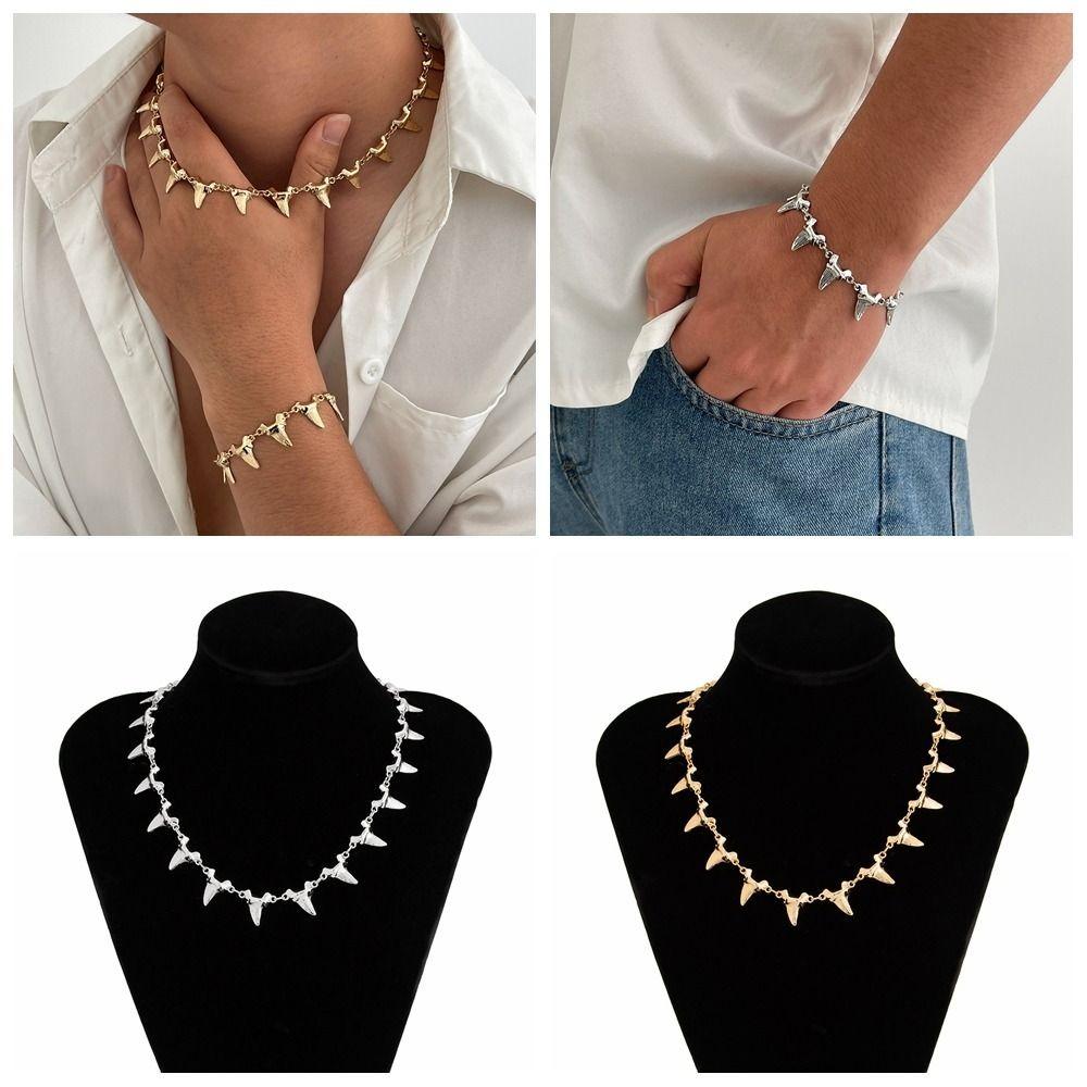Irregular Rivet Spike Necklace Metal Shark Teeth Pendant Bracelet Men Clavicle Chain  Man