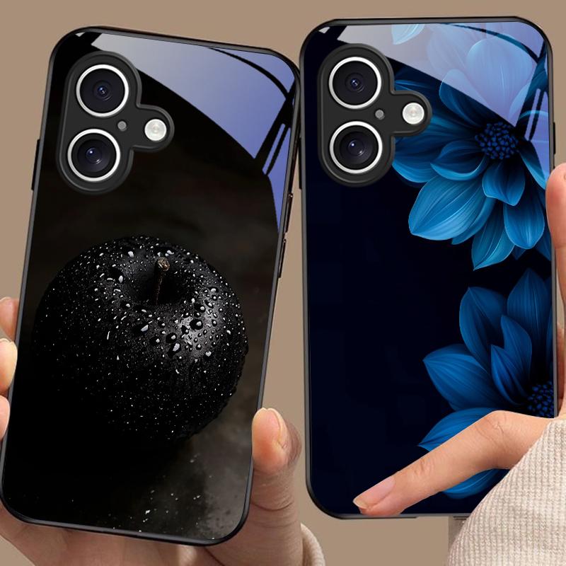 Black Apple Stone For Apple IPhone 16E 16 E 11 13 15 P Ro 14 Pro Max 12 Mini 7 8 Plus XR X XS Black Tempered Glass Phone Case