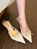 Green wonderland! Satin pointed head bow high heels women's spring light mouth empty sandals