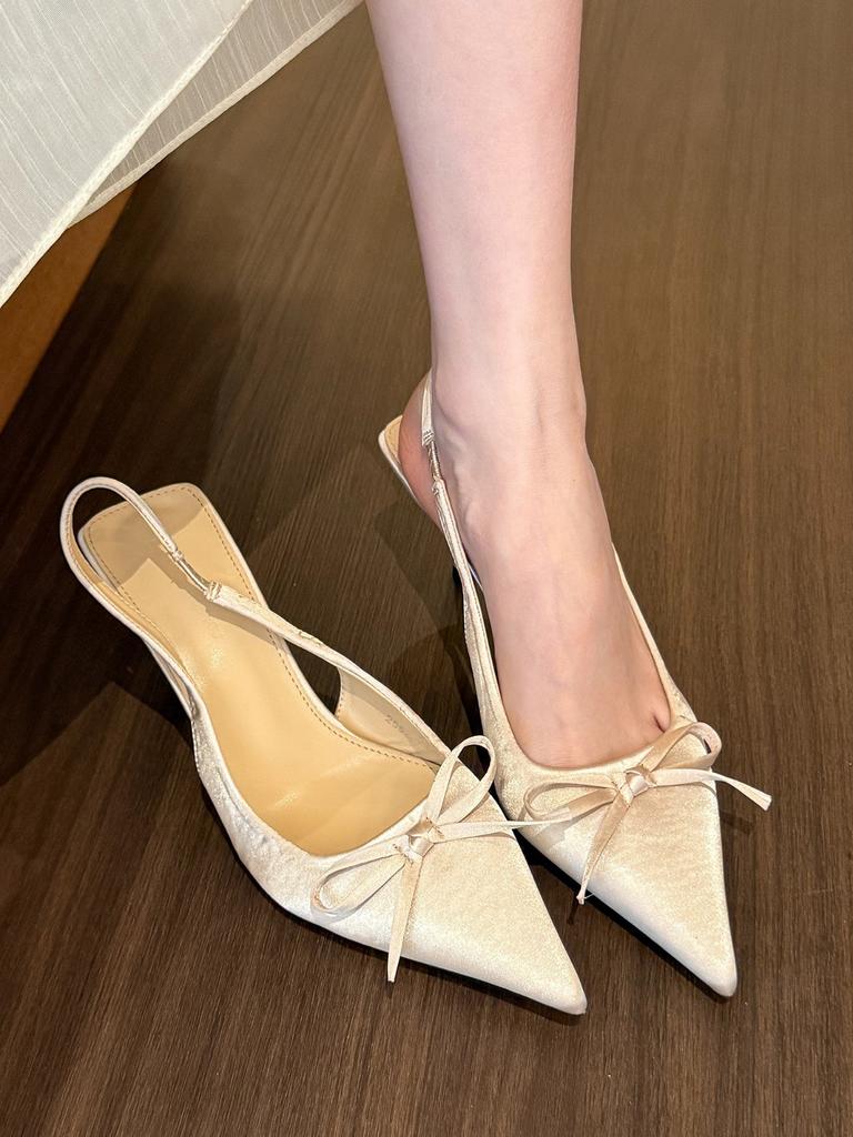 Green wonderland! Satin pointed head bow high heels women's spring light mouth empty sandals