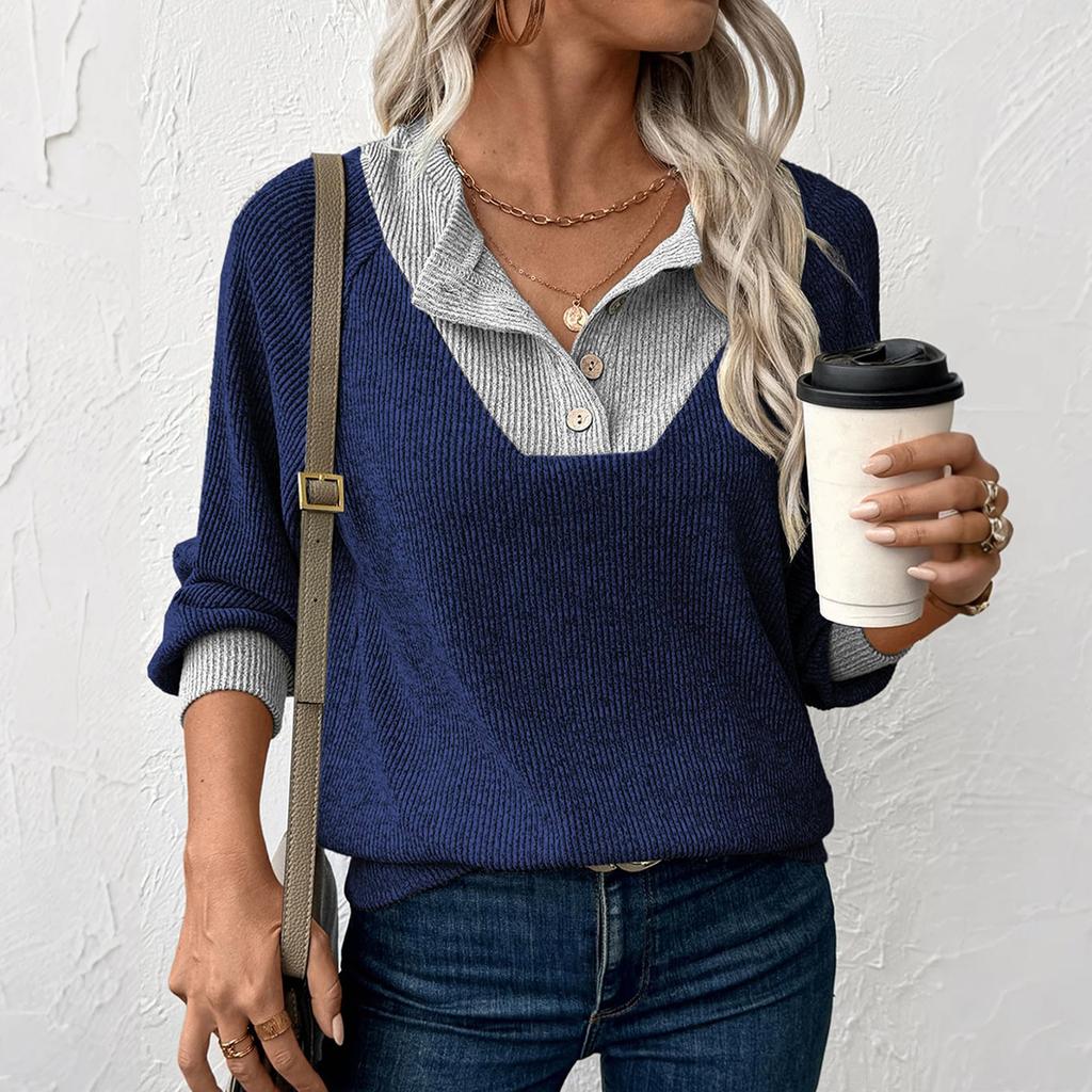 Women's Pullover Lapel Sweatshirt Fashionable Stitching Contrast Color Top