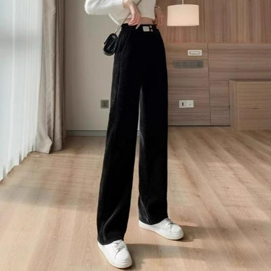 Cordhose mit hohem Bund und weitem Bein - Damen Herbst/Winter Fleecegefütterte lockere Hosen mit geradem Bein