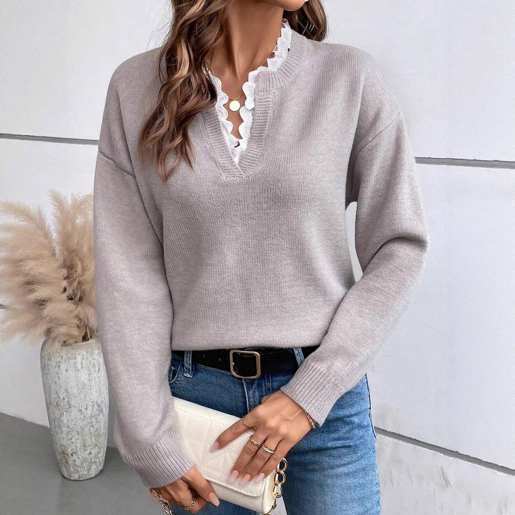 Maglione Autunno Inverno Moda Pizzo Scollo a V Tinta Unita Largo Manica Lunga Maglione Lavorato a Maglia da Donna