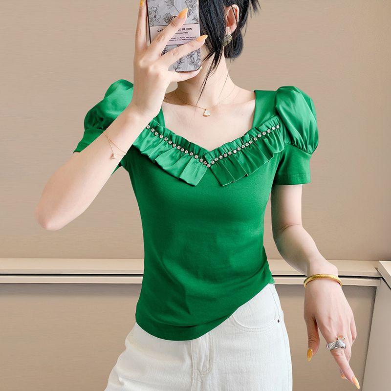 Fashion Summer Ladies Cotton T-shirt Elegant Short Sleeve Women Brand Top Shirts Chic Sexy Square Neck Ruffles Hot Diamonds Tees