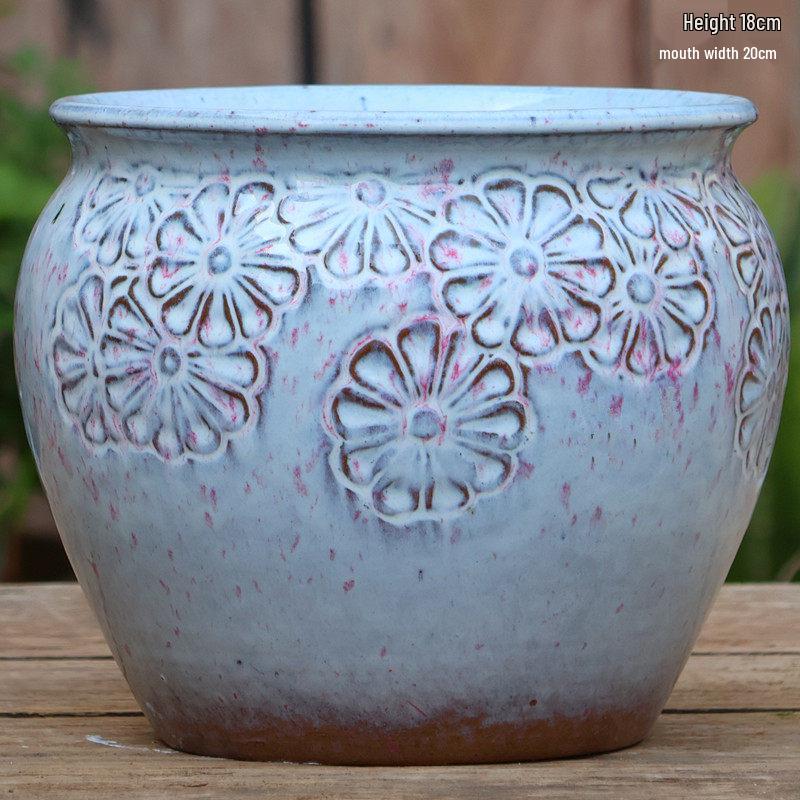 Handmade Embossed Rose Ceramic Succulent Pot, Tall Breathable Coarse Pottery, Large Mouth Plant Pot with Flower Design.
