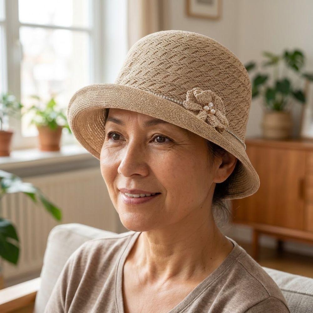 Round-Top Sun Hat Polyester Bucket Hat High-End Hepburn-Style Middle-aged Mother Hat Vacation