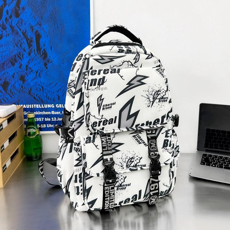 Schoolbag Japanese ins Street Lightning Personality Graffiti Backpack Trendy Cool Handsome Teen Boys Strong Durable Backpack