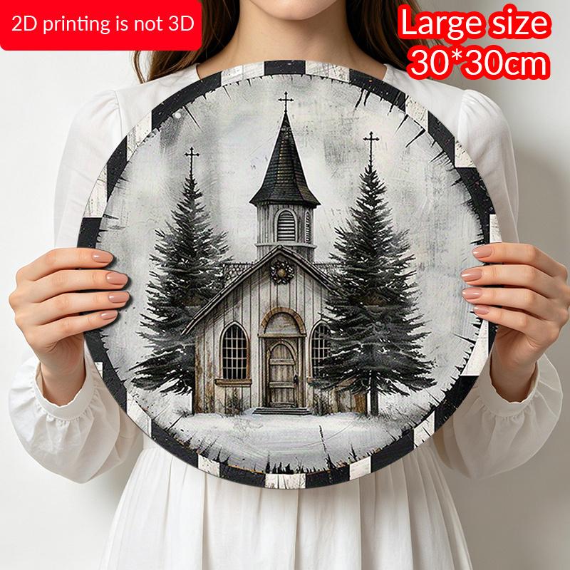 2D Flat, 1pc Round Aluminum Hanging Sign with a Rustic Style Featuring a Vintage Church And Christmas Tree Design - Easy To Hang Indoor Outdoor