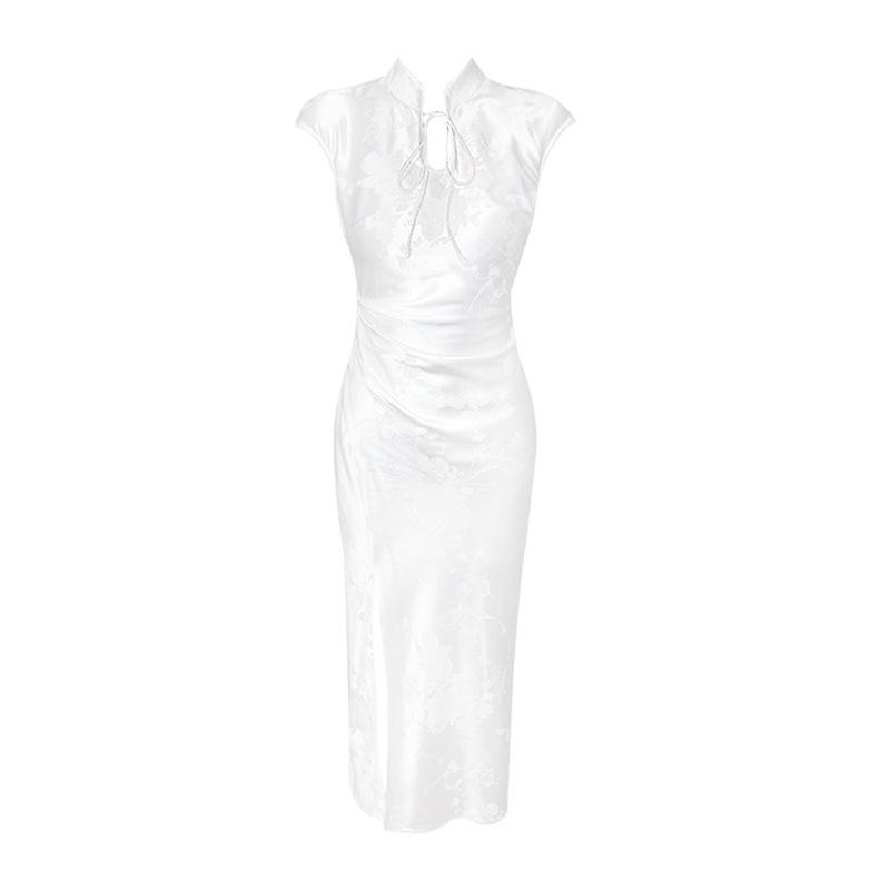 Women's Retro Chinese Style Cheongsam Dress with Stand Collar and Slit - Slimming Evening Long Dress