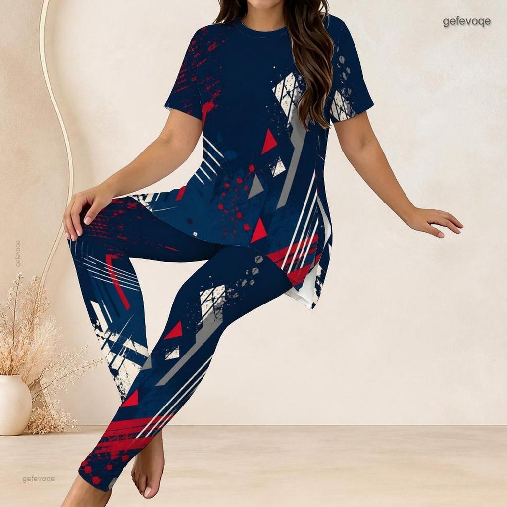 Women Plus Size Round Neck Short Sleeve Red Blue Printed Side Split Top Fitted Pants Two Piece Set