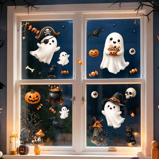 Creative Holiday Gifts Halloween Ghost Window Clings, Cute Pumpkin And Black Cat Static Stickers, PVC Party Atmosphere Props Waterproof Decals,