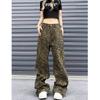 Autumn New High Street American Retro Design Leopard Print Wide Leg Jeans Straight Loose Casual Pants