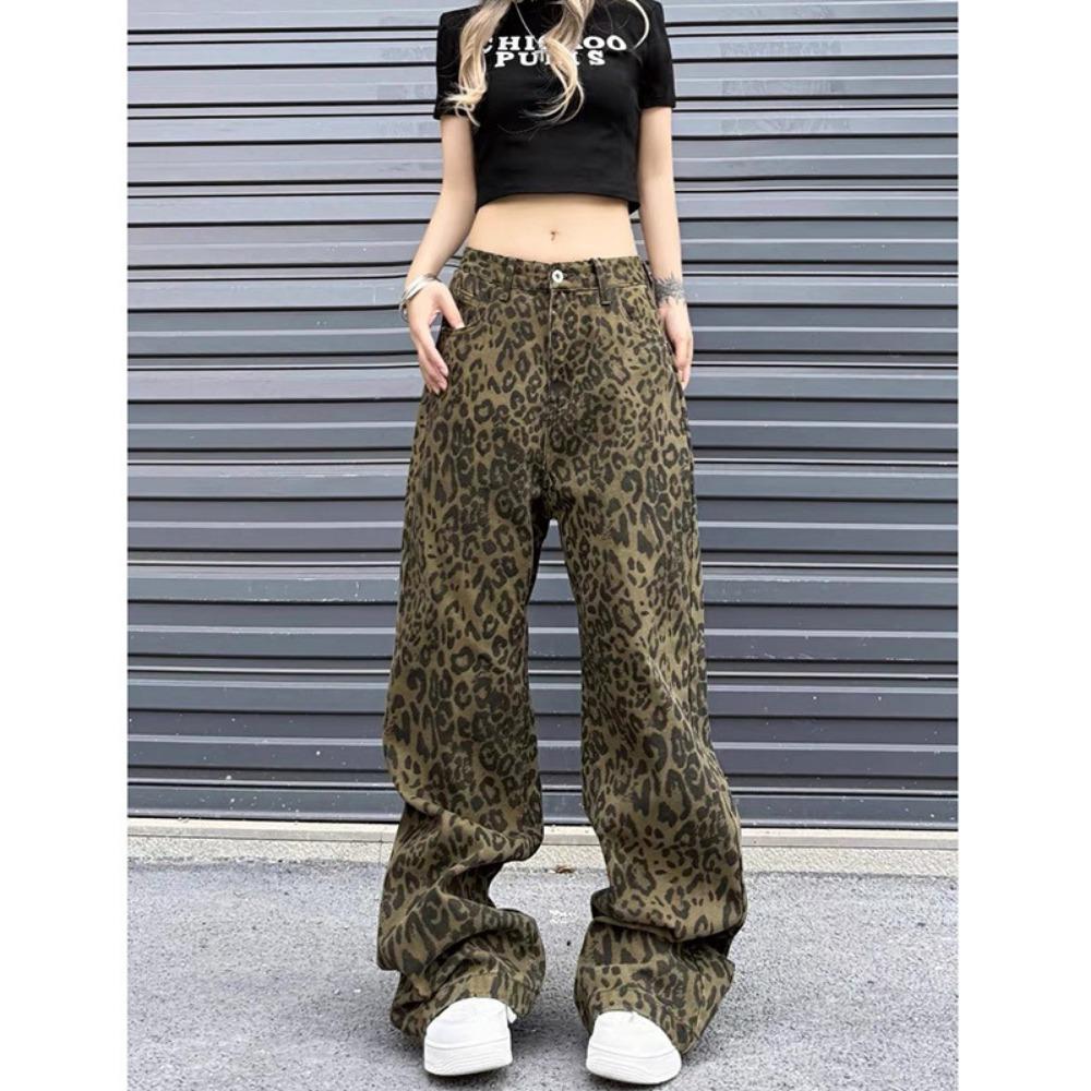 Autumn New High Street American Retro Design Leopard Print Wide Leg Jeans Straight Loose Casual Pants