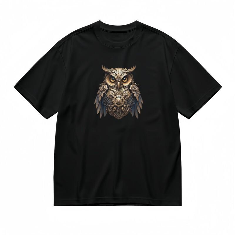 Women's Trend T-Shirt Mechanical Owl Artwork with Yellow Glowing Optics Design