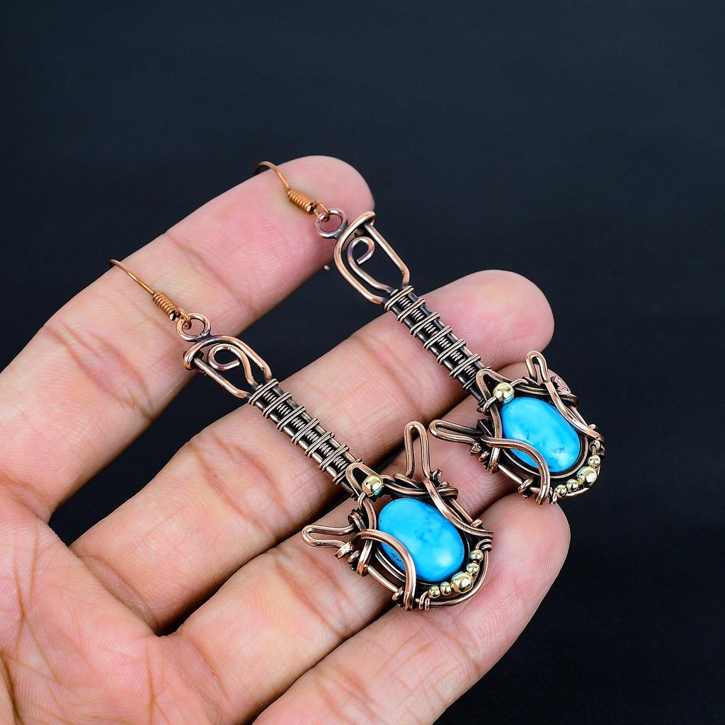 Sleeping Beauty Turquoise Earrings, 999 Copper Wire Wrapped Gemstone Jewelry, Handmade Earrings, For Thanksgiving