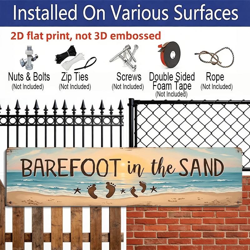 2D Flat, 1pc, Rustic Barefoot in The Sand Aluminium Decorative Sign with A Beach Theme for Wall Decoration, 15.7×3.94inch. Ideal for A Bedroom