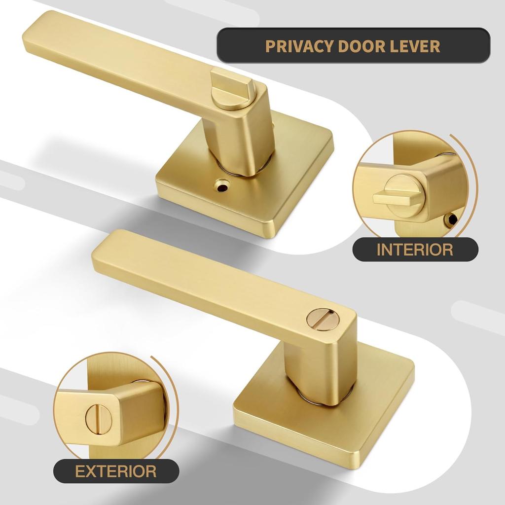 Brushed Gold Door Handles, Heavy Duty Keyless Privacy Door Lever, Reversible Square Door Handle Without Keys for Bedroom Bathroom Door, Satin Brass