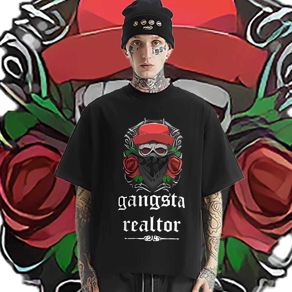 Ganst Skull O-Neck Big Size Loose T-shirt Harajuku Men's Tee Hip Hop Tees Fashion Style Clothes Comfy Stretchy Shirt