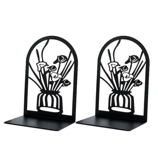 1 Pair Flower Metal Bookends Decorative Flower Vase Book Ends for Shelves Black
