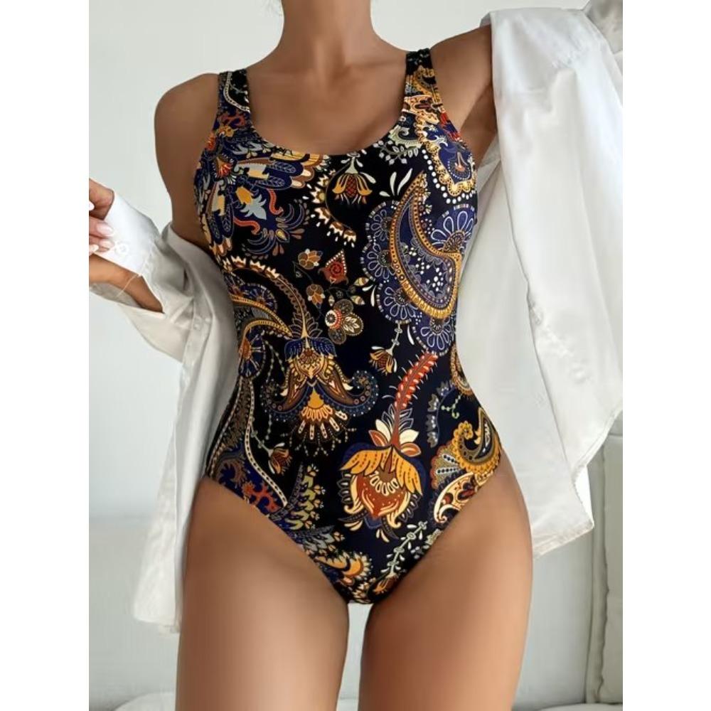 Traje de baño de una pieza con estampado geométrico sexy de verano, corte ajustado y adelgazante, diseño de espalda baja en U profunda, traje de baño de moda llamativo para playa, piscina y vacaciones